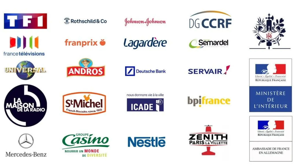 Logos des clients des équipes Safnest, dont TF1, France Télévisions, Rothschild & Co, ministère de l'Intérieur, Bpifrance, Mercedes-Benz, Nestlé et la présidence de la République